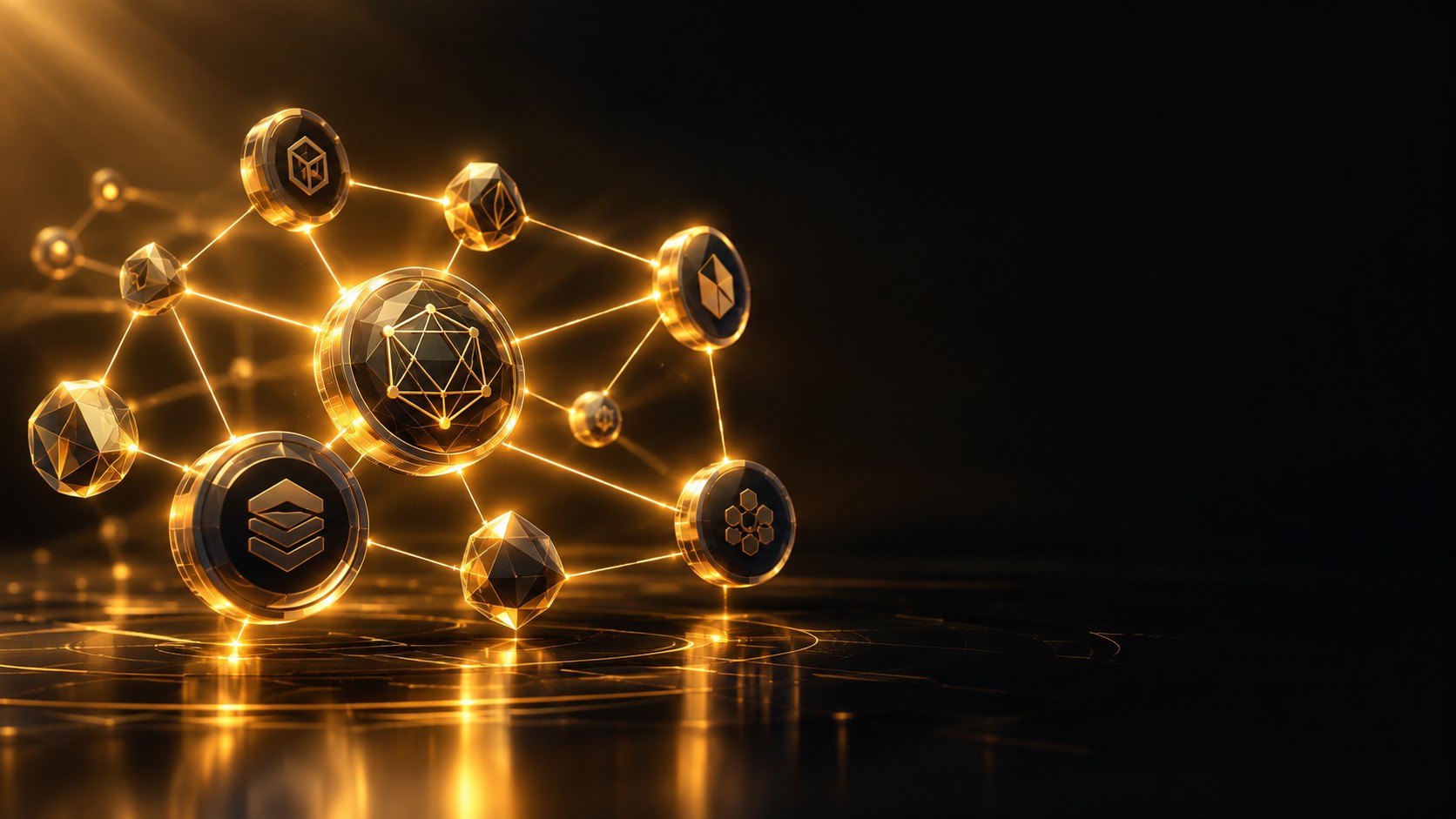 Interlocking glowing geometric tokens forming a decentralized network