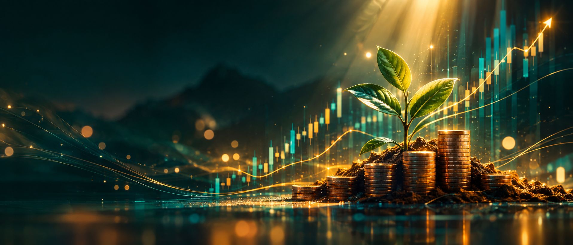 Coins growing from a small plant beside a stock chart