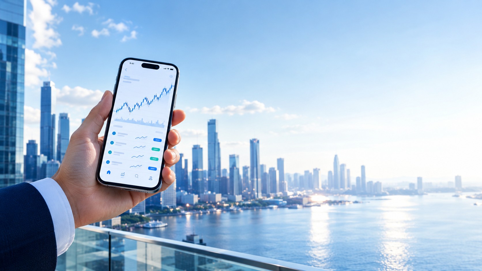 Hand holding a phone with a stock trading app and a city in the background