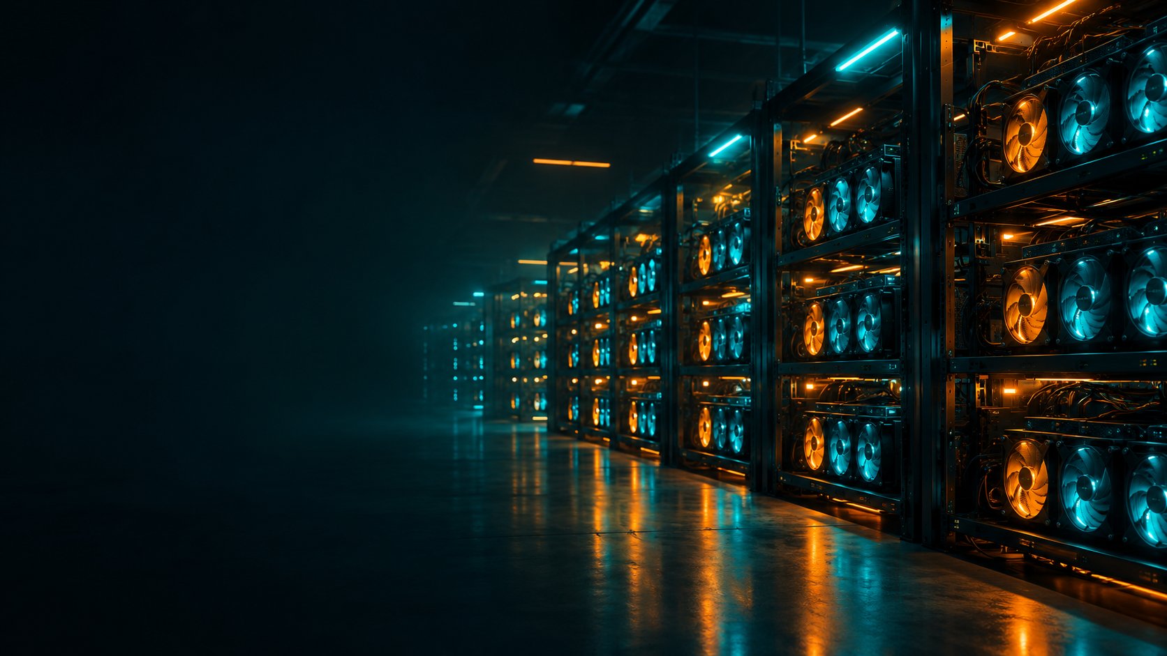 Rows of mining rigs with glowing fans in a dark data center
