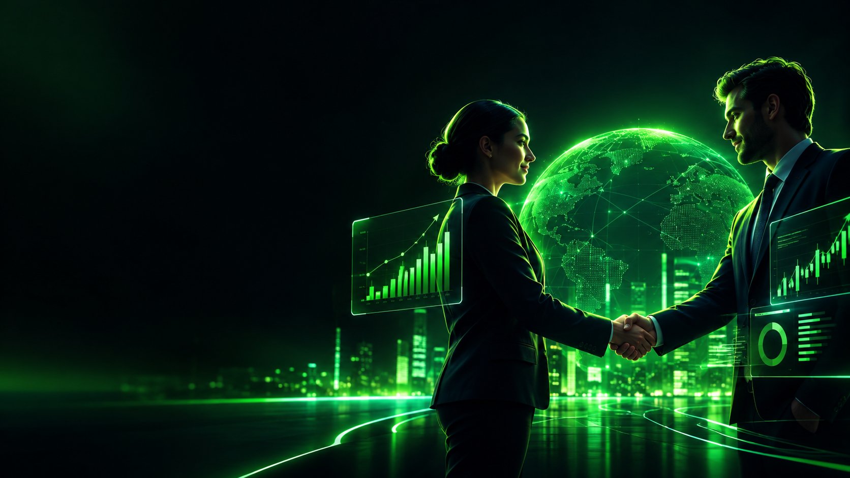 Handshake between two business professionals with charts overlay