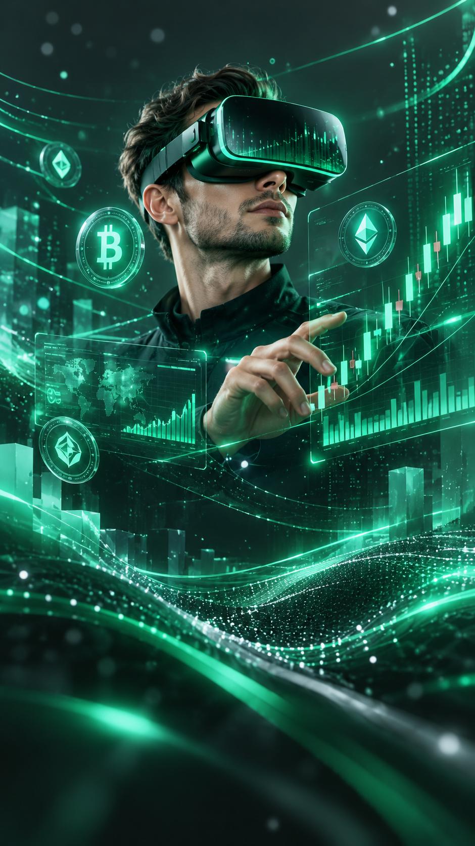 Trader wearing a vr headset surrounded by holographic crypto charts