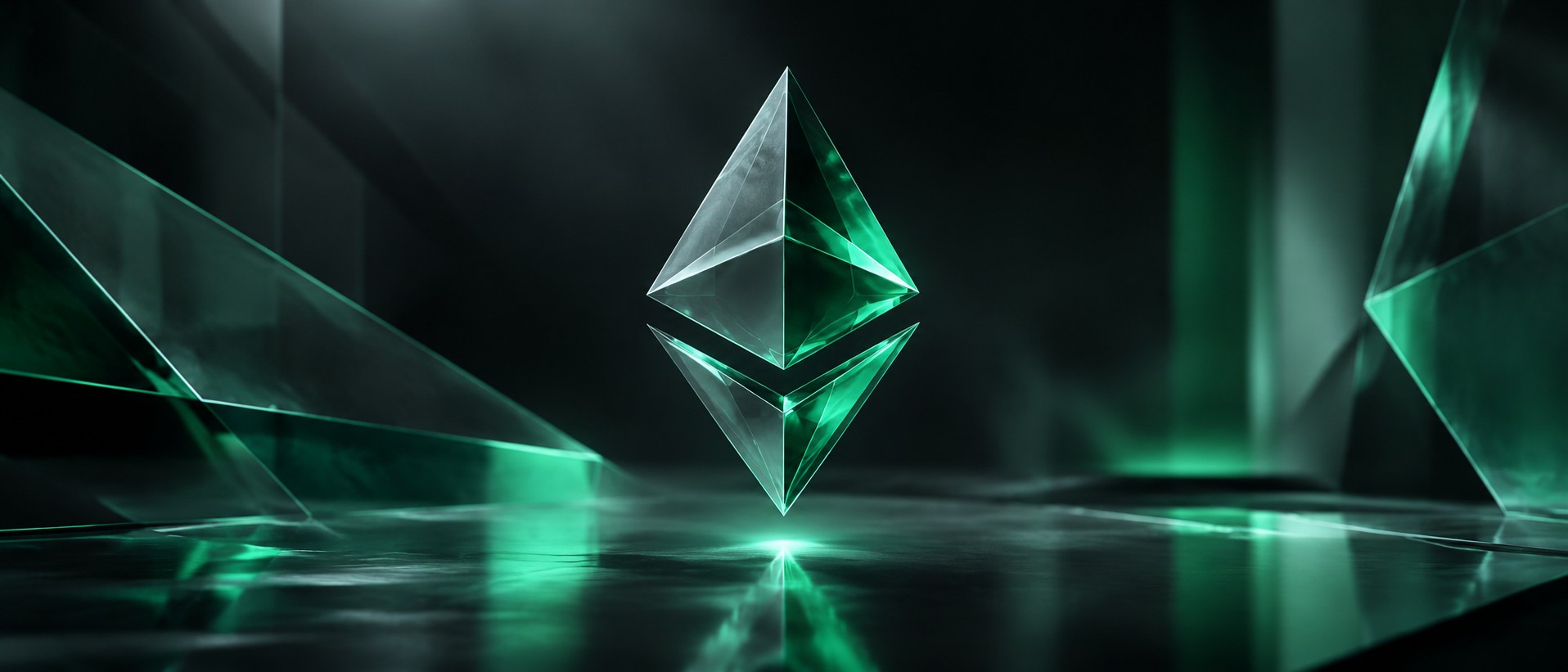 Floating faceted crystal diamond shape in the style of the ethereum symbol